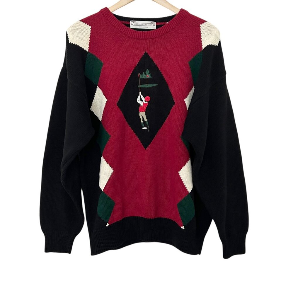 John Ashford Golf Vtg Christmas Grandpa Argyle Preppy Academia Knit Sweater (L)